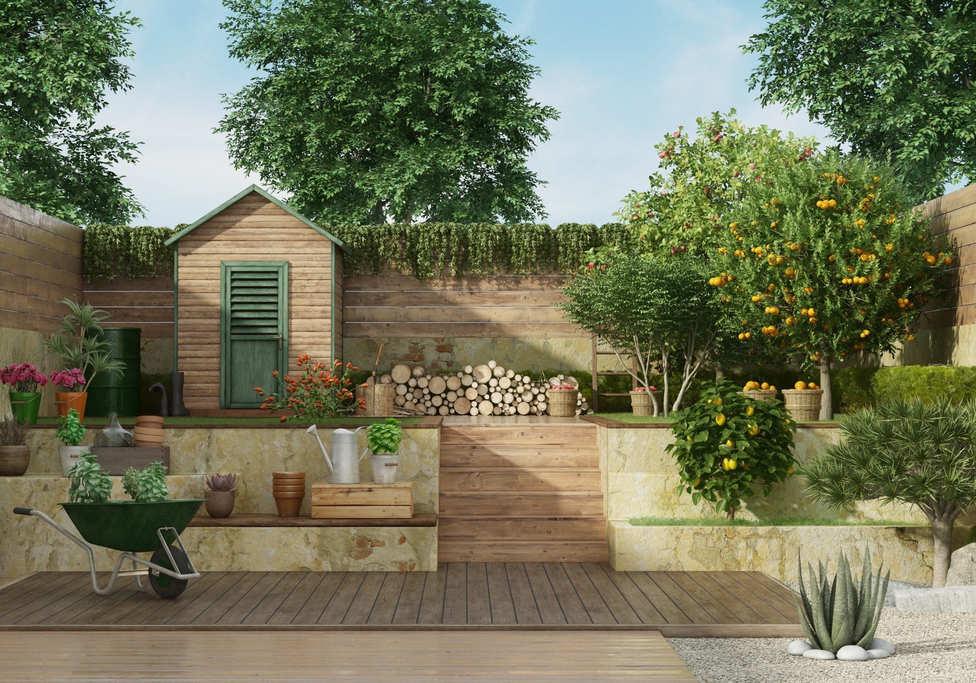 Garden with gardening tools , wooden shed and fruit tree - 3D Rendering